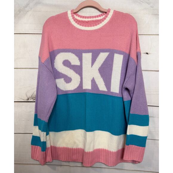 Unbranded SKI Sweater Pink Purple Blue Sz XL Winter Comfy Girls Trip - Picture 1 of 6